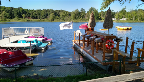 A serene lake scene featuring colorful paddle boats, a wooden dock, and flags near the water's edge.