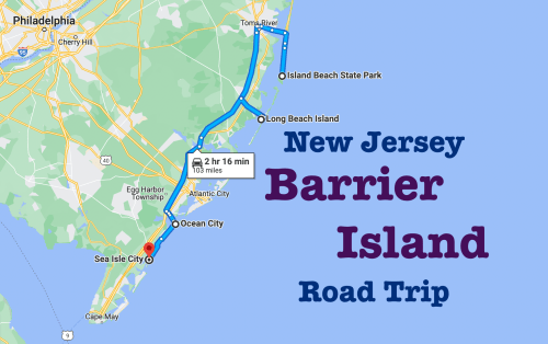 Map showing a road trip route from Philadelphia to Barrier Island, New Jersey, highlighting key locations and travel time.