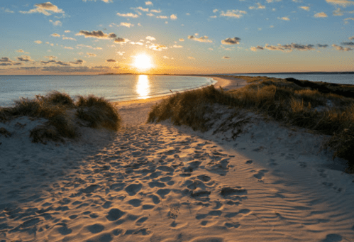 A sandy path leads to a tranquil beach at sunset, with gentle waves and clouds in the sky.