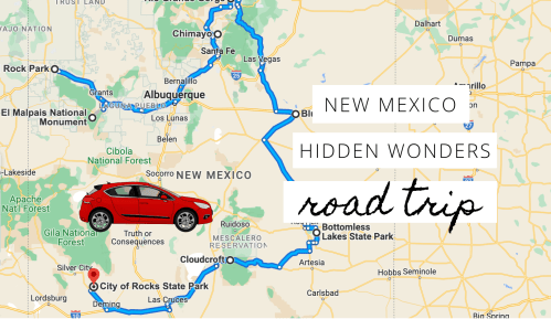 Map of New Mexico highlighting a road trip route to hidden wonders, featuring a red car and notable locations.