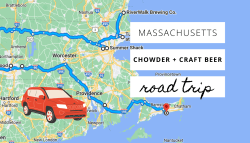 Map of Massachusetts highlighting a road trip route for chowder and craft beer, featuring a red car illustration.