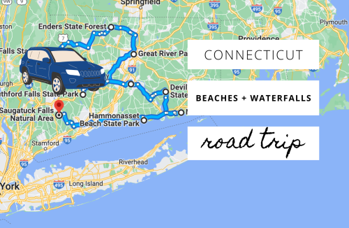 Map of Connecticut highlighting a road trip route to beaches and waterfalls, featuring a blue car icon.