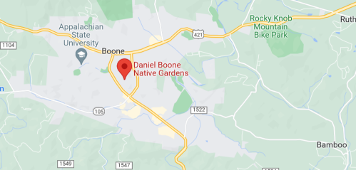 Map showing the location of Daniel Boone Native Gardens in Boone, North Carolina, near Appalachian State University.