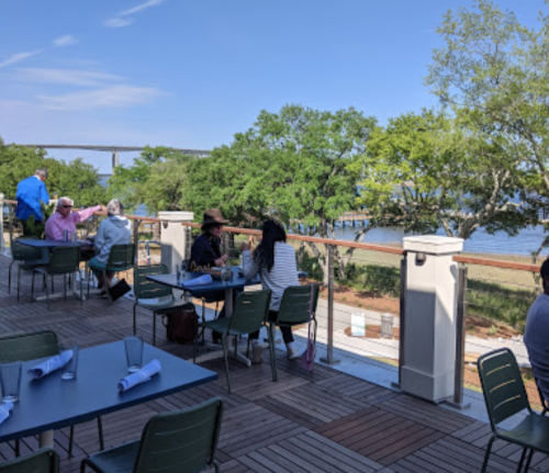 Outdoor dining area with tables, people enjoying meals, and a view of trees and water under a clear blue sky.