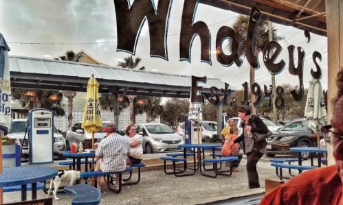 A view through a restaurant window showing outdoor seating, diners, and a dog, with "Whaley's Est 1948" visible.