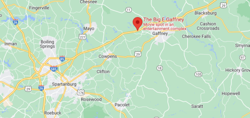 Map showing the location of The Big E in Gaffney, South Carolina, near major highways and surrounding towns.