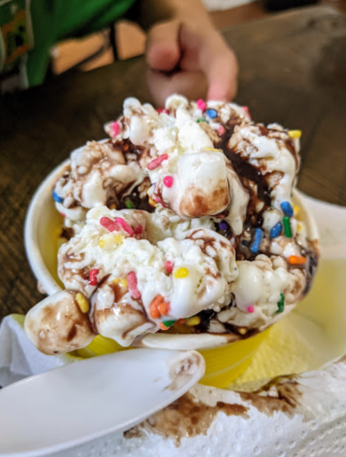 A bowl of ice cream topped with chocolate sauce, marshmallows, and colorful sprinkles, resting on a napkin.