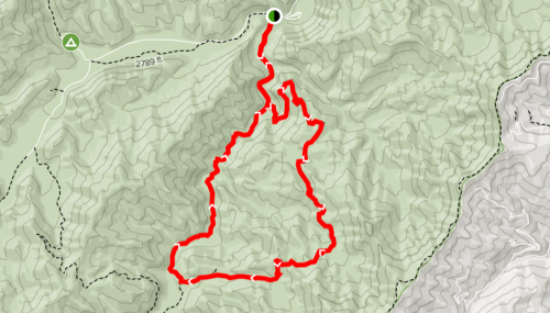 Map showing a hiking trail marked in red, winding through mountainous terrain with elevation points indicated.