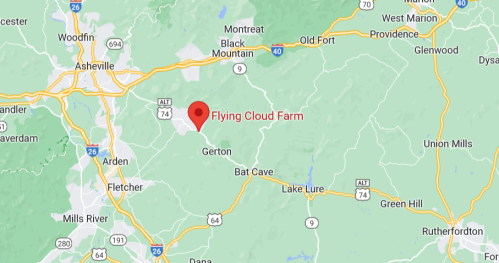 Map showing the location of Flying Cloud Farm near Gerton, North Carolina, with surrounding highways and towns.