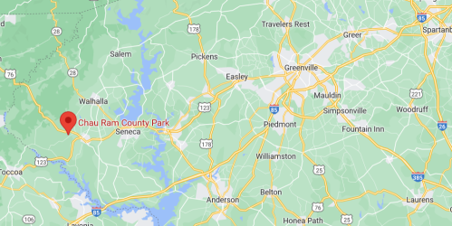 Map showing the location of Chau Ram County Park near Seneca, South Carolina, with surrounding roads and landmarks.