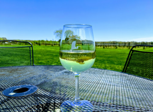 A glass of white wine sits on a table with a vineyard and clear blue sky in the background.