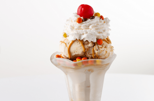 A delicious ice cream sundae topped with whipped cream, a cherry, and colorful candy pieces in a glass dish.