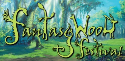 Colorful logo for the "Fantasy Wood Festival" set against a lush, green forest background.