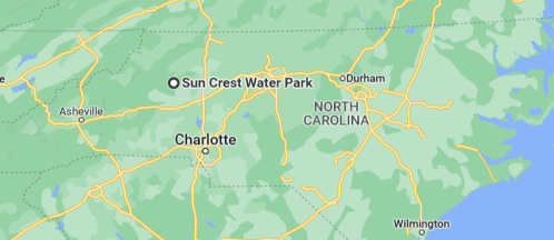 Map of North Carolina highlighting Sun Crest Water Park near Charlotte, with major roads and nearby cities.