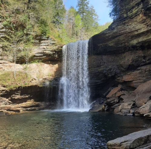 A serene waterfall cascades into a clear pool, surrounded by lush greenery and rocky cliffs under a blue sky.