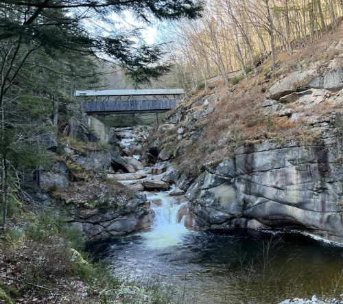 A serene river flows through rocky terrain, with a wooden bridge overhead and trees lining the banks.