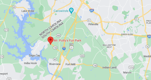 Map showing the location of Mr. Putty's Fun Park in South Carolina, near Lake Wylie and Fort Mill.