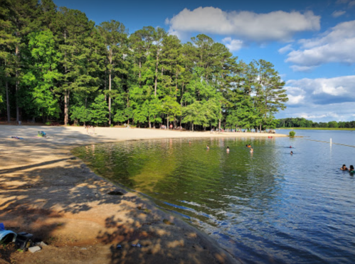 A serene lake scene with sandy shores, green trees, and people swimming and relaxing in the water under a blue sky.