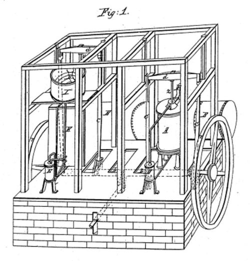 Illustration of a mechanical device with gears and a cylindrical tank, featuring two figures and labeled parts.