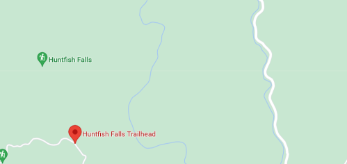 Map showing the location of Huntfish Falls Trailhead, with a winding path and nearby Huntfish Falls marked.