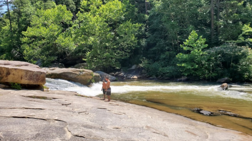 A person stands by a riverbank, surrounded by lush greenery and flowing water. Sunlight filters through the trees.