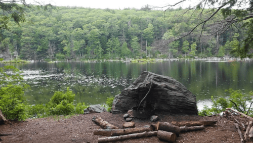 A serene lakeside scene with a rocky shore, green trees, and a calm water surface reflecting the landscape.