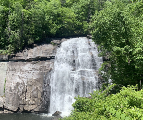 A cascading waterfall surrounded by lush green trees and rocky cliffs in a serene natural setting.