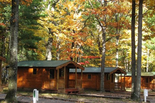 Cozy wooden cabins nestled among vibrant autumn trees in a serene forest setting.