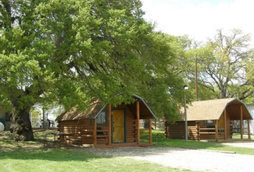 Two wooden cabins nestled under large trees in a grassy area, with a clear sky in the background.