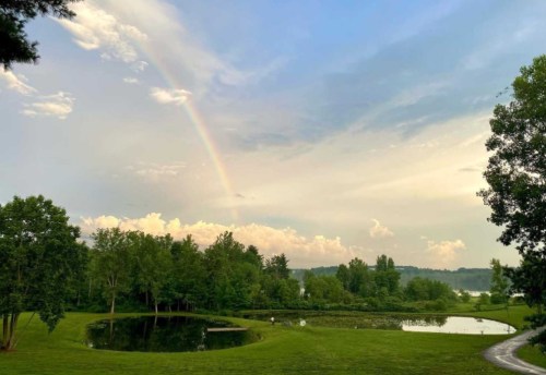 A serene landscape featuring a pond, lush greenery, and a rainbow arching over a cloudy sky.