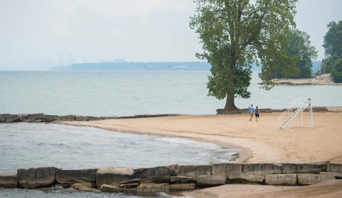 A sandy beach with a tree, a couple walking, and a staircase leading to the water under a cloudy sky.