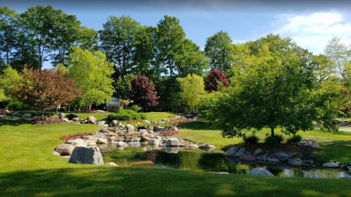 Lush green landscape with a pond, rocks, and colorful trees under a clear blue sky.