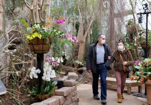 A couple wearing masks strolls through a lush greenhouse filled with flowers and greenery.