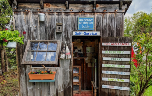 A rustic wooden shed with a sign for self-service and a menu of ice cream flavors outside.