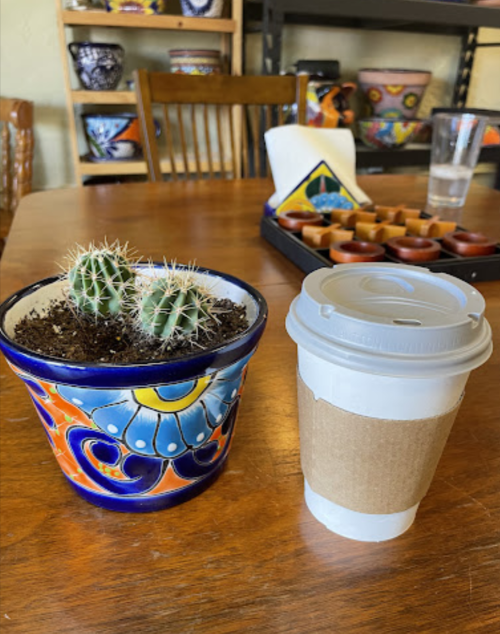 A colorful pot with two small cacti next to a coffee cup on a wooden table.