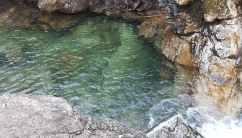 A clear, tranquil pool of water surrounded by rocky edges and natural greenery.
