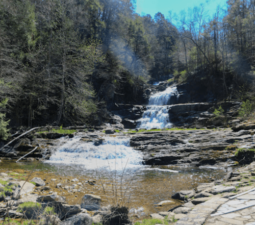 A serene waterfall cascading over rocky terrain, surrounded by lush trees under a clear blue sky.