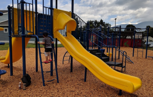A child climbs a ladder on a playground structure with a yellow slide, surrounded by wood chips and cloudy skies.