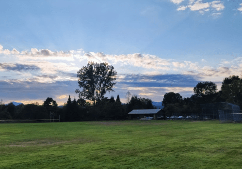 A grassy field under a colorful sky with clouds, trees, and a distant building.