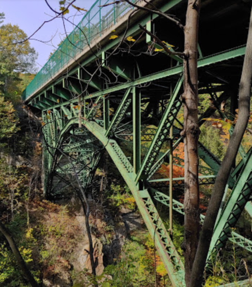 A green metal bridge spans a gorge, surrounded by trees and autumn foliage.
