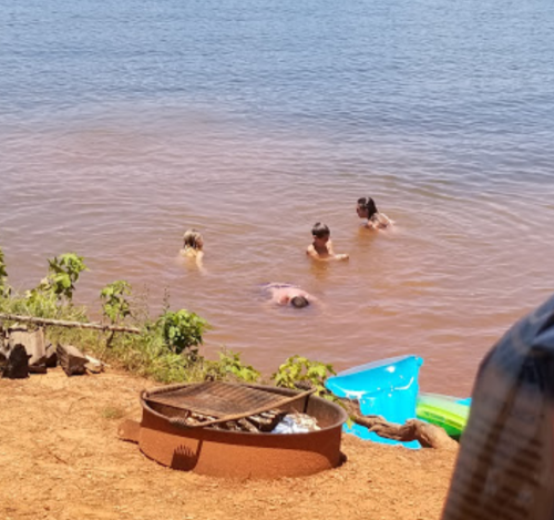 Four people swimming in a river, with a grill and blue bucket nearby on the shore.