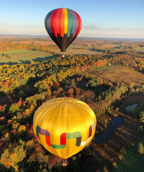 Two colorful hot air balloons float above a vibrant autumn landscape with trees in shades of red, orange, and green.