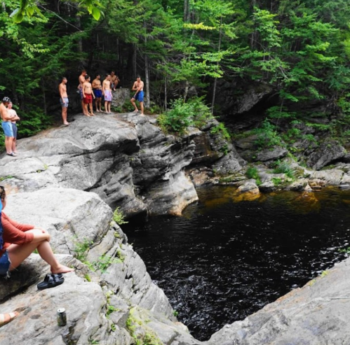 A group of people stands on rocky terrain near a dark pool of water surrounded by lush greenery.