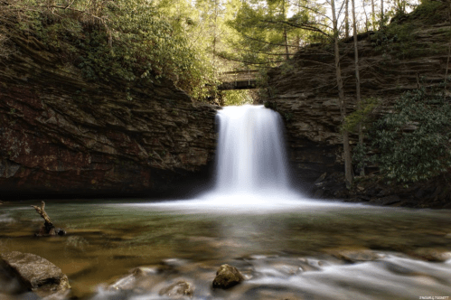 A serene waterfall cascades into a calm pool, surrounded by lush greenery and rocky terrain.