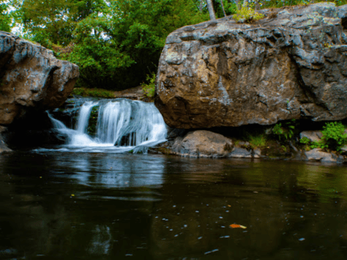 A serene waterfall cascades over rocks into a calm pool, surrounded by lush greenery.