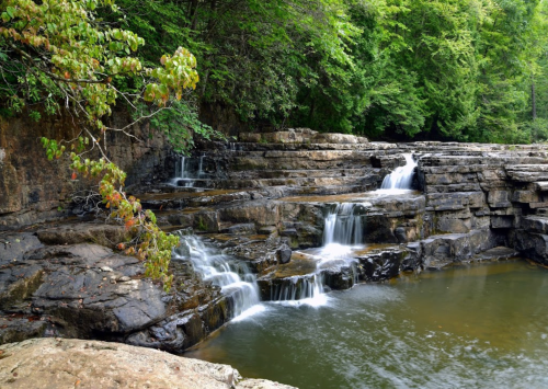A serene waterfall cascades over rocky ledges into a calm pool, surrounded by lush green trees.