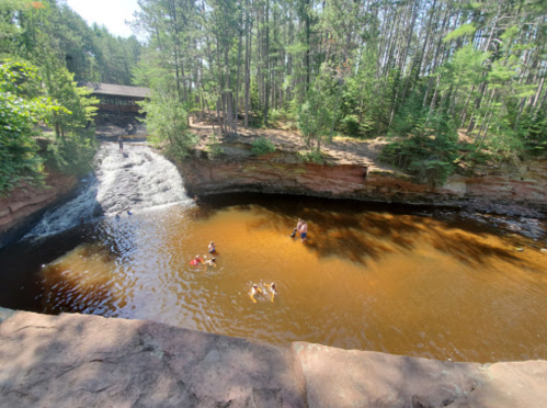 A serene natural scene with a waterfall and people swimming in a brownish pool surrounded by trees.