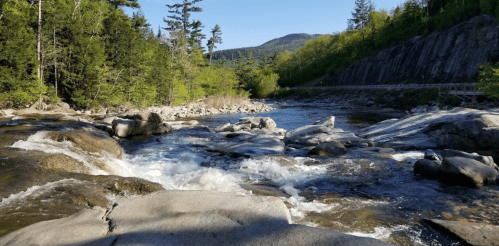 A serene river flows over smooth rocks, surrounded by lush greenery and distant mountains under a clear blue sky.