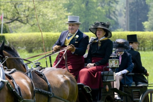 A couple in formal attire rides in a horse-drawn carriage, surrounded by greenery on a sunny day.
