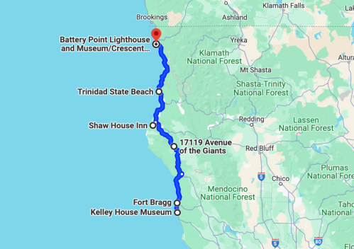 Map showing a route along the California coast from Battery Point Lighthouse to Fort Bragg, highlighting key locations.